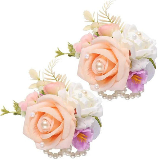 Champagne Rose Wrist Corsage, Pack of 2 PCS Wedding Bridal Wrist Flower Corsage Hand Flower Artificial Silk Rose Decor for Prom Party Wedding (Champagne, 2pcs).