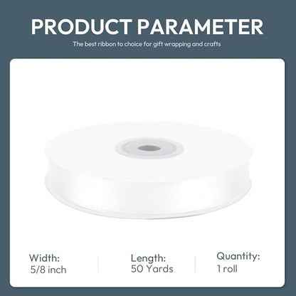 KMER LIFE 5/8" Wide x 50 Yards White Single Faced Polyester Satin Ribbon - Perfect for Wedding Decor, Wreaths, Crafts, Gift Wrapping & Other Projects