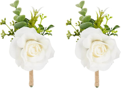 Meldel Ivory White Rose Boutonnieres for Men Wedding, Set of 2, Artificial Corsage for Prom, Groom and Groomsmen Boutonniere for Ceremony, Formal Dinner Party, Fall Rustic Wedding, Homecoming