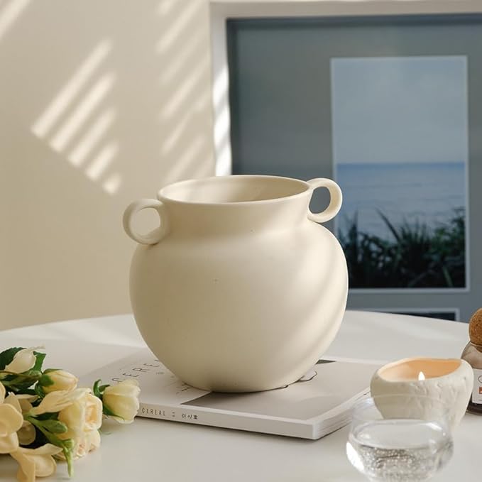 Round-Shape with Ear Wide Mouth Vase, Honey Pot-Shaped Decorative Plant Pot, No Drainage Hole (Crème)