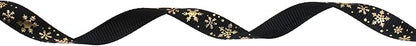 Gold Printing Snowflake Grosgrain Ribbon 25 Yard Each Roll 100% Polyester Woven Edge (3/8", Black)