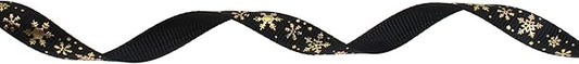 Gold Printing Snowflake Grosgrain Ribbon 25 Yard Each Roll 100% Polyester Woven Edge (3/8", Black)
