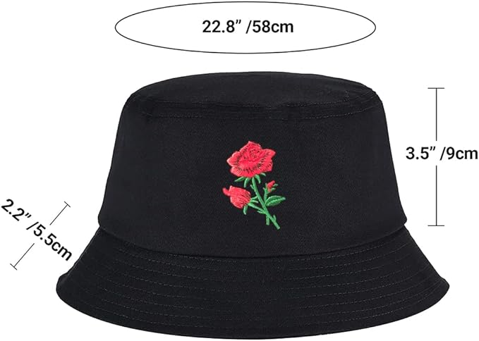 Rose Embroidered Novelty Bucket Hat Outdoor Cap for Women 100% Cotton Packable Adjustable