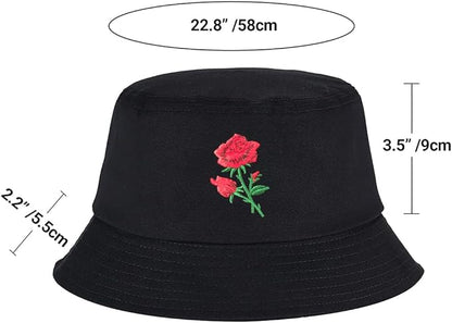 Rose Embroidered Novelty Bucket Hat Outdoor Cap for Women 100% Cotton Packable Adjustable