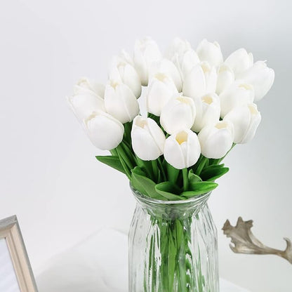 IPOPU 24PCS White Tulips Artificial Flowers Real Touch White Fake Tulips White Flowers Artificial for Decorations Centerpieces for Table Home Decor Indoor Flower Arrangements Artificial