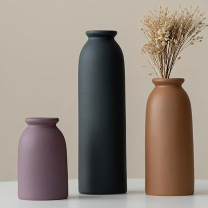 10.4 inches Tall Decorative Ceramic Vase Set, 3 Pieces, Nordic Modern Boho Style, White, for Home Decor (Black Mix)