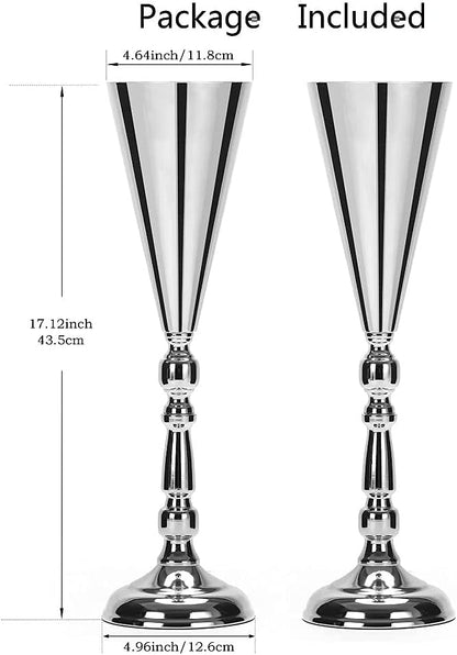 Set of 2 Tabletop Metal Wedding Flower Trumpet Vase Wedding Centerpiece Flower Vase for Wedding Event Decoration Living Decor Party Decor (Silver, 2×L)