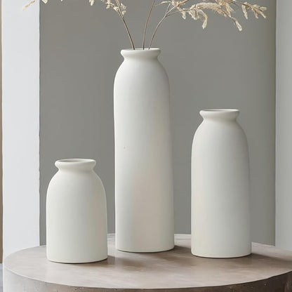 10.6 inches Tall Decorative Ceramic Vase Set, 3 Pieces, Nordic Modern Boho Style, White, for Home Decor (White)