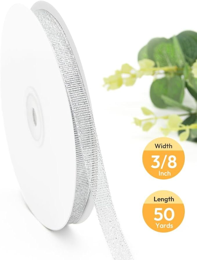 KMER LIFE 3/8 inch x 50 Yards Glitter Silvery Ribbon, Sparkly Metallic Fabric Ribbons, Perfect for Gifts Wrapping, Sewing, Decoration for Christmas, Valentines Day