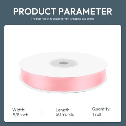 KMER LIFE 5/8" Wide x 50 Yards Pink Single Faced Polyester Satin Ribbon, Pink Satin Ribbon Perfect for Wedding Decor, Wreath, Crafts, Gift Wrapping & Other Projects (Pink)