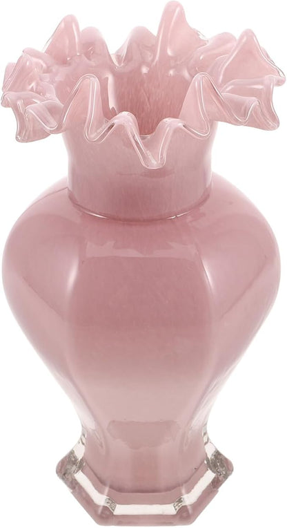 Handblown Glass Flower Vase Pink Pearl Wave Mouth Decorative Floral Arrangement Holder for Home Table Office Wedding Centerpiece Modern Artistic Accent