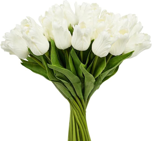 Melorca&Guilla Artificial Flowers,24Pcs 13.5inch White Tulips Fake Flowers,Real Touch Faux Flowers,Spring Décor Fake Tulips for Wedding Kitchen Shop Office Home Décor (24, White Tulip)