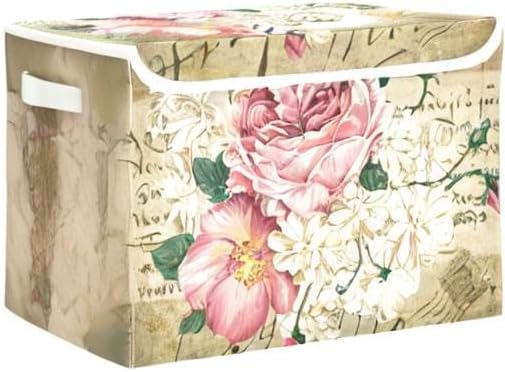 Flower Baskets Collapsible Storage Bins with Lids, Vintage Rose Floral Storage Boxes Clothes Baskets for Organizing
