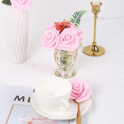 IPOPU Artificial Rose Flower Heads, 100pcs Real Looking Light Pink Foam Fake Roses for DIY Wedding Baby Shower Centerpieces Arrangements Party Tables Home Decorations (Light Pink, Stemless)