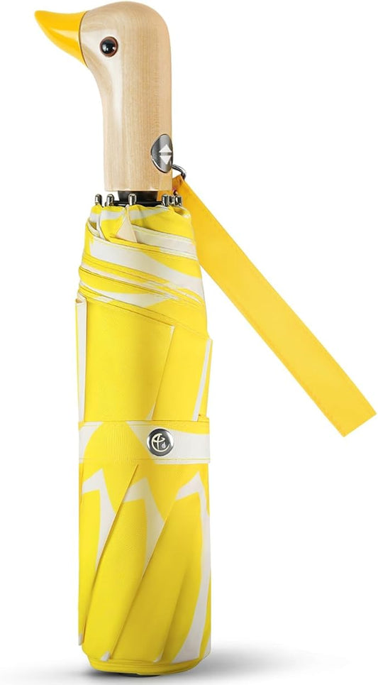 Cute Duck Umbrella Automatic - Compact Pretty Pocket Size Strong Duck Collapsible Umbrella Yellow Wooden Handle for Women