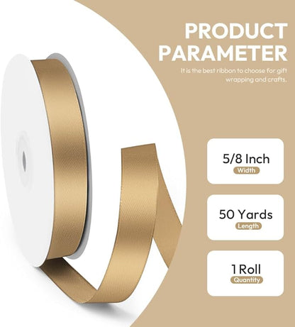 5/8" x 50 Yards Satin Ribbon - Champagne Gold Silk Ribbon with Spool - Ideal for Gift Wrapping, Floral Bouquets, Crafts, Wedding Party Decorations, Christmas and Sewing Projects