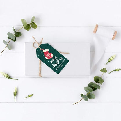 Andaz Press Personalized Christmas Holiday Season Classic Gift Tags, Merry Christmas Snowflake Stocking Design, Custom Family Name and Year, for Holiday Events, Parties, and Favors, 60-Pack