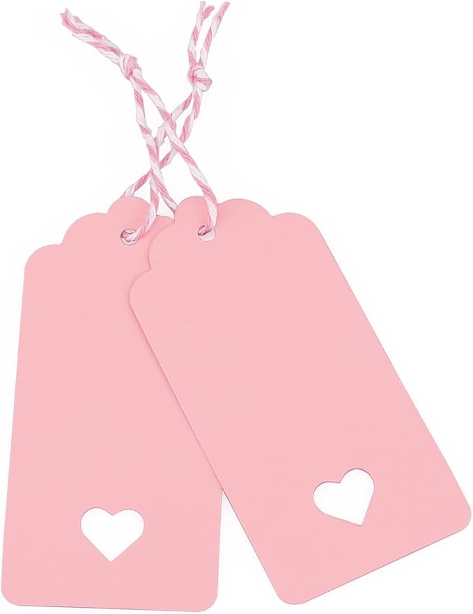 jijAcraft 100Pcs Gift Tags with String, Pink Paper Tag with Hollow Heart, 3.7 x 1.7Inch Mother Day Tags, Blank Gift Wrapping Hangtag, Party Favors Tag for Wedding, Birthday, Baby Shower
