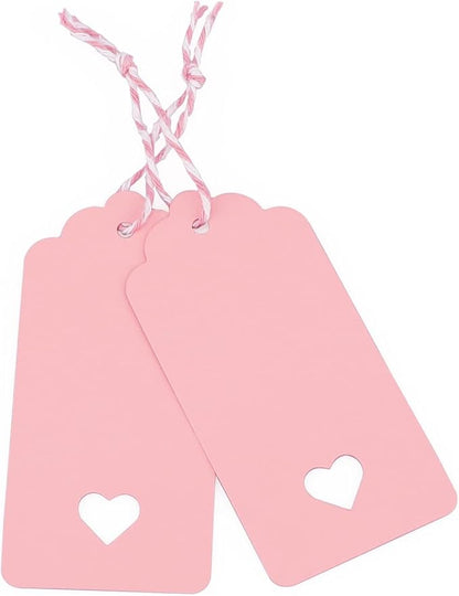 jijAcraft 100Pcs Gift Tags with String, Pink Paper Tag with Hollow Heart, 3.7 x 1.7Inch Mother Day Tags, Blank Gift Wrapping Hangtag, Party Favors Tag for Wedding, Birthday, Baby Shower