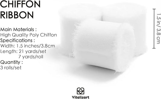 Vitalizart White Chiffon Silk Ribbon 1.5" x 21 Yd Handmade Frayed Edges Ribbons for Wedding Invitations Bridal Flower Bouquets Gifts Wrapping Crafts Holiday Decorations Off White