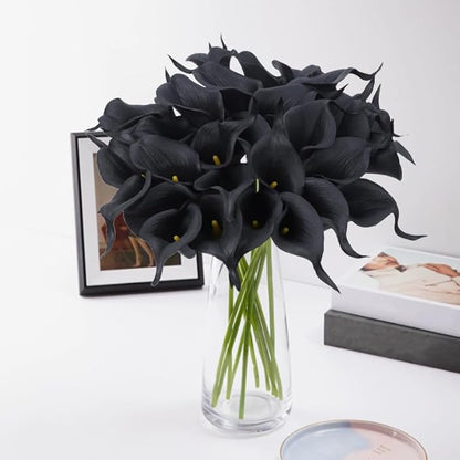 24 Pcs Black Artificial Calla Lily Flowers Fake Black Silk Flowers Real Touch for Wedding Bouquet Office Home Kitchen Decor