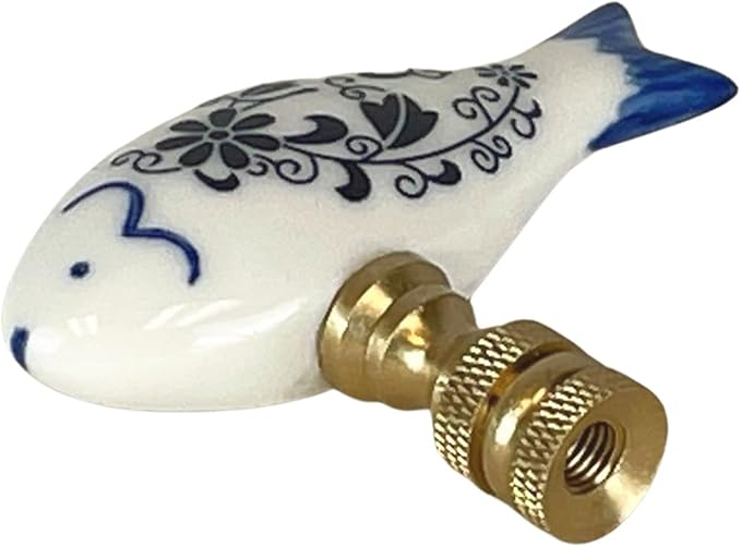 Royal Designs, Inc. Blue & White Porcelain Fish Finial for Lamp Shade, Polished Brass