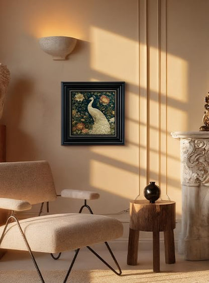 Vintage 3D Textured White Peacock Framed Wall Art 16x16 Inch, Square Bird and Floral Artwork Sandstone Panel Botanical Print, Rustic Living Room Bedroom Office Farmhouse Entryway Home Decor