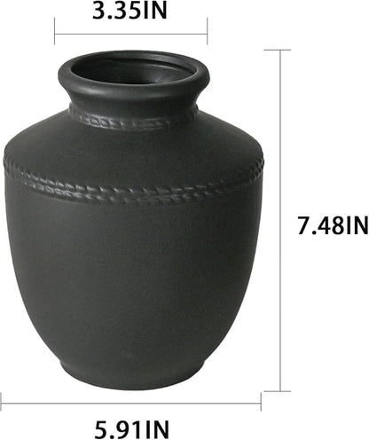 Farmhouse Ceramic Vase for Living Room Bedroom Black 7.45'' Flower Bouquet Vase for Fake Plant Home Decor Office Fireplace Centerpieces Rustic Retro Vintage Modern Gift Decoration
