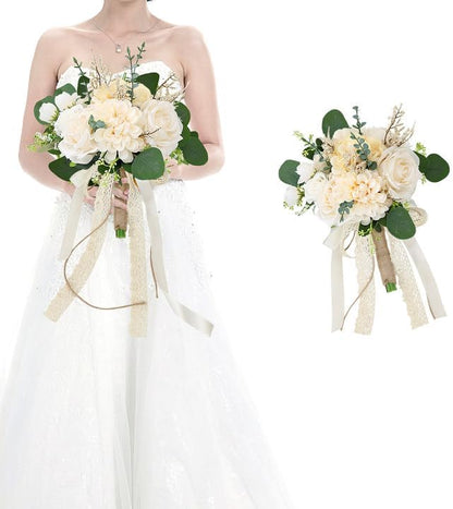 Boho Bridesmaid Bouquets for Wedding, 9 Inch Artificial Flowers Bouquets for Ceremony Anniversary Centerpieces Decorations, Roses - Beige