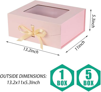 5 Pcs Pink Gift Box for Presents with Ribbon 13.2x11x5.3 Inches Clear Gift Box with Window Magnetic Closure Gift Boxes with Lids