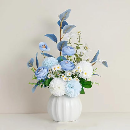 Artificial Flowers, Fake Flowers in Vase, Silk Flowers with Ceramic Vase, Faux Flowers Arrangement for Homes, Restaurants Decoration Dining Table Centerpiece Decor (White)