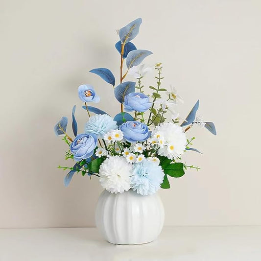 Artificial Flowers, Fake Flowers in Vase, Silk Flowers with Ceramic Vase, Faux Flowers Arrangement for Homes, Restaurants Decoration Dining Table Centerpiece Decor (White)