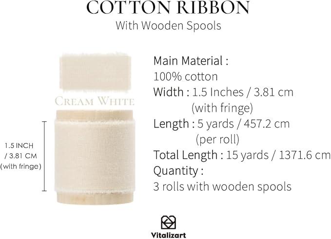 Vitalizart Cream White Ribbon 1-1/2" x 15 Yd 100% Cotton Handmade Frayed Fringe Fabric Ribbons for Gift Wrapping Wedding Invites Bridal Shower Bouquets Christmas Decorations