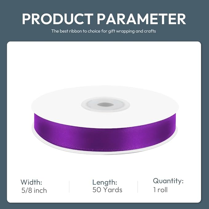 KMER LIFE 5/8" Wide x 50 Yards Purple Single Faced Polyester Satin Ribbon for Wedding Decor, Wreath, Crafts, Gift Wrapping & Other Projects