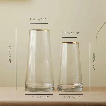 Moden Trapezoid Glass Vase with Gold Mouth for Centerpieces Home Wedding Decoration (1, Small 4.7" x 8.7")