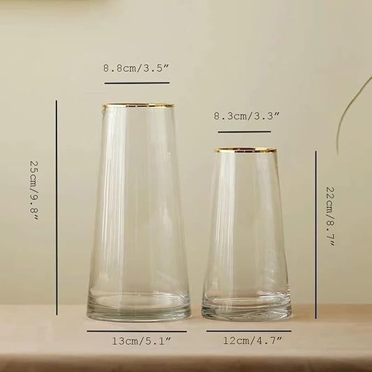 Moden Trapezoid Glass Vase with Gold Mouth for Centerpieces Home Wedding Decoration (1, Small 4.7" x 8.7")