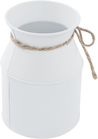 Flower Vase Decor, Farmhouse Metal Galvanized Milk Can Jug Vase with Bow, Flower Buckets for Artificial Flowers for Table Centerpiece Weddings(White)