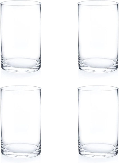 Enova Floral Set of 4 Clear Cylinder Glass Vase, 5W x 8H Inches Round Flowers Vase, Pillar Candle Floating Candle Holders, Floral Glass Vase for Home Office Decor, Wedding Centerpiece