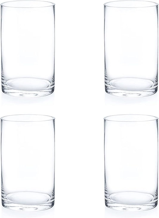 Enova Floral Set of 4 Clear Cylinder Glass Vase, 5W x 8H Inches Round Flowers Vase, Pillar Candle Floating Candle Holders, Floral Glass Vase for Home Office Decor, Wedding Centerpiece