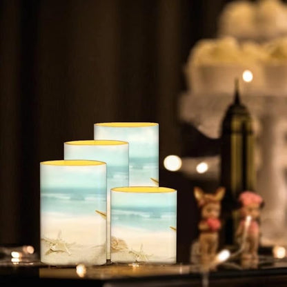Beach Starfish Seashell Flameless LED Battery Candles 4 Pieces Pillar Fake Candles with Colored Light 4H 8H Timer Remote for Wedding Beach Party Coastal Room Decor