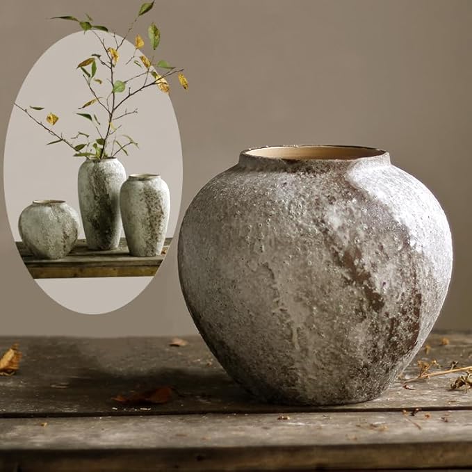 Denique Rustic Ceramic Tall Floor Vase, Vintage Farmhouse Decor, Large Terracotta Vases for Living Room Entryway Table Centerpiece Decor, Terracotta Pottery Clay(A-22cm)