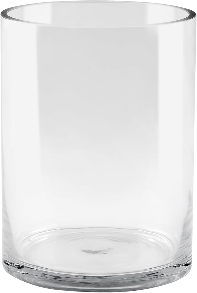6" Wide 8" High Large Hand Blown Sturdy Clear Cylinder Glass Vase, Centerpiece Flower Vase for Rose, Tulip, Boquets, Hurricane Candle Holder (1, 6"x8")