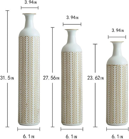 Floor Oversized Gold Metal Decorative Vase with 3D Triangle Pattern Set of 3 Large Vases for Home Living Room 33.5 ", 29.5 ", 25.2" High (Vintage White)