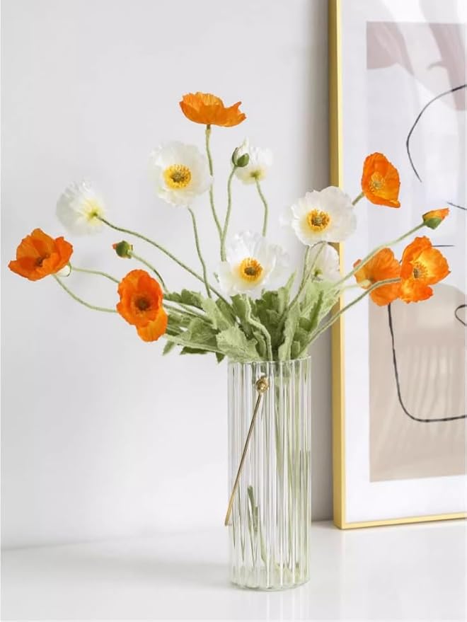 Set of 6 White Poppies Flowers Artificial for Vase, Faux Wildflowers with Long Stems, Silk Flowers Arrangement for Wedding Party Farmhouse Home Office Indoor Kitchen Dining Table Decoration
