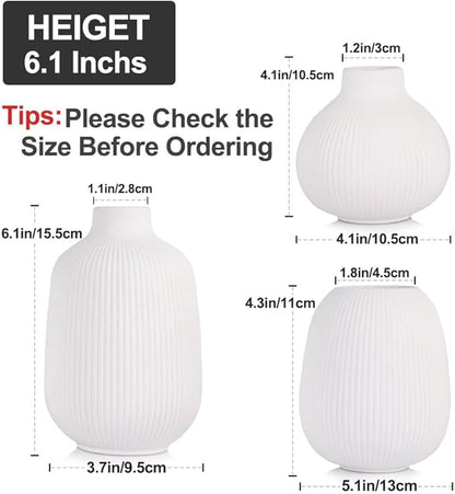 White Ceramic Vase Set of 3, Minimalist Decor, Home Decorative Vase,Modern Ribbed Vases, Vases for Kitchen, Bedroom, Office, Living Room, Bathroom, & Shelf Centerpiece Table Decorations