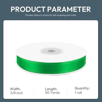 KMER LIFE 5/8" Wide x 50 Yards Green Polyester Satin Ribbon - Perfect for Wedding Decor, Wreaths, Crafts, Gift Wrapping & More