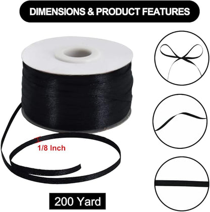 TONIFUL 1/8 Inch x 200 Yards Black Thin Solid Satin Ribbon Giant Spool Double Face Ribbons for Crafts Hanging Tags Invitation Card Balloons Bouquet Hair Gift Wrapping Party Decoration,Halloween