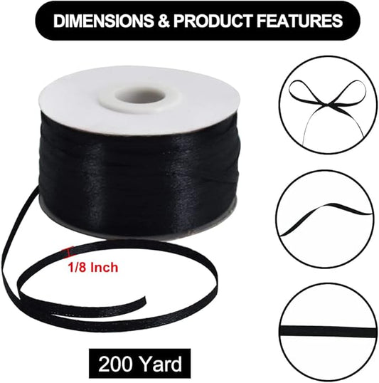 TONIFUL 1/8 Inch x 200 Yards Black Thin Solid Satin Ribbon Giant Spool Double Face Ribbons for Crafts Hanging Tags Invitation Card Balloons Bouquet Hair Gift Wrapping Party Decoration,Halloween