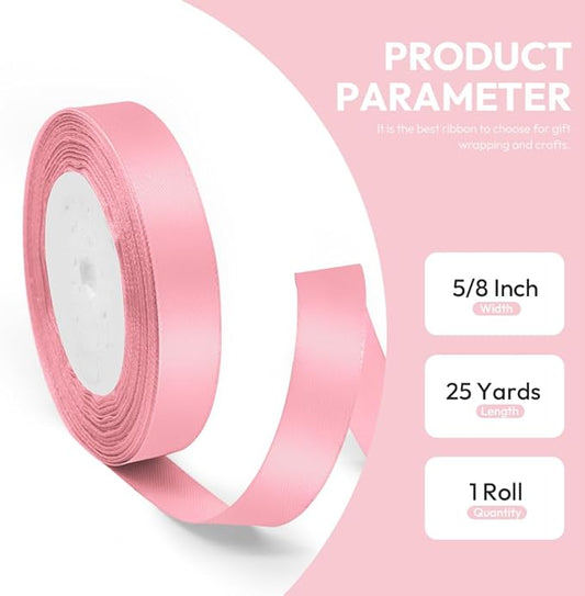 5/8" x 25 Yards Satin Ribbon, Light Pink Silk Ribbon Ideal for Gift Wrapping, Floral Bouquets, Crafts, Wedding Party Decorations, Christmas and Sewing Projects