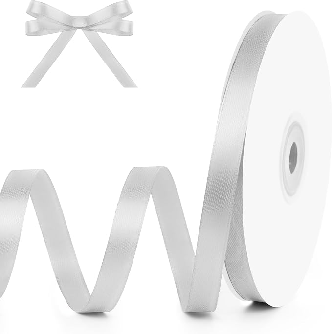 KMER LIFE 3/8" Wide x 50 Yards Silvery Polyester Satin Ribbon, Perfect for Wedding Decor, Crafts, Gift Wrapping & Other Projects
